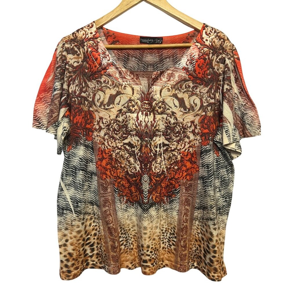 Vintage 7Wonders Woman 1X Multicolor Animal Print Artsy Top Ornate Design Y2K
